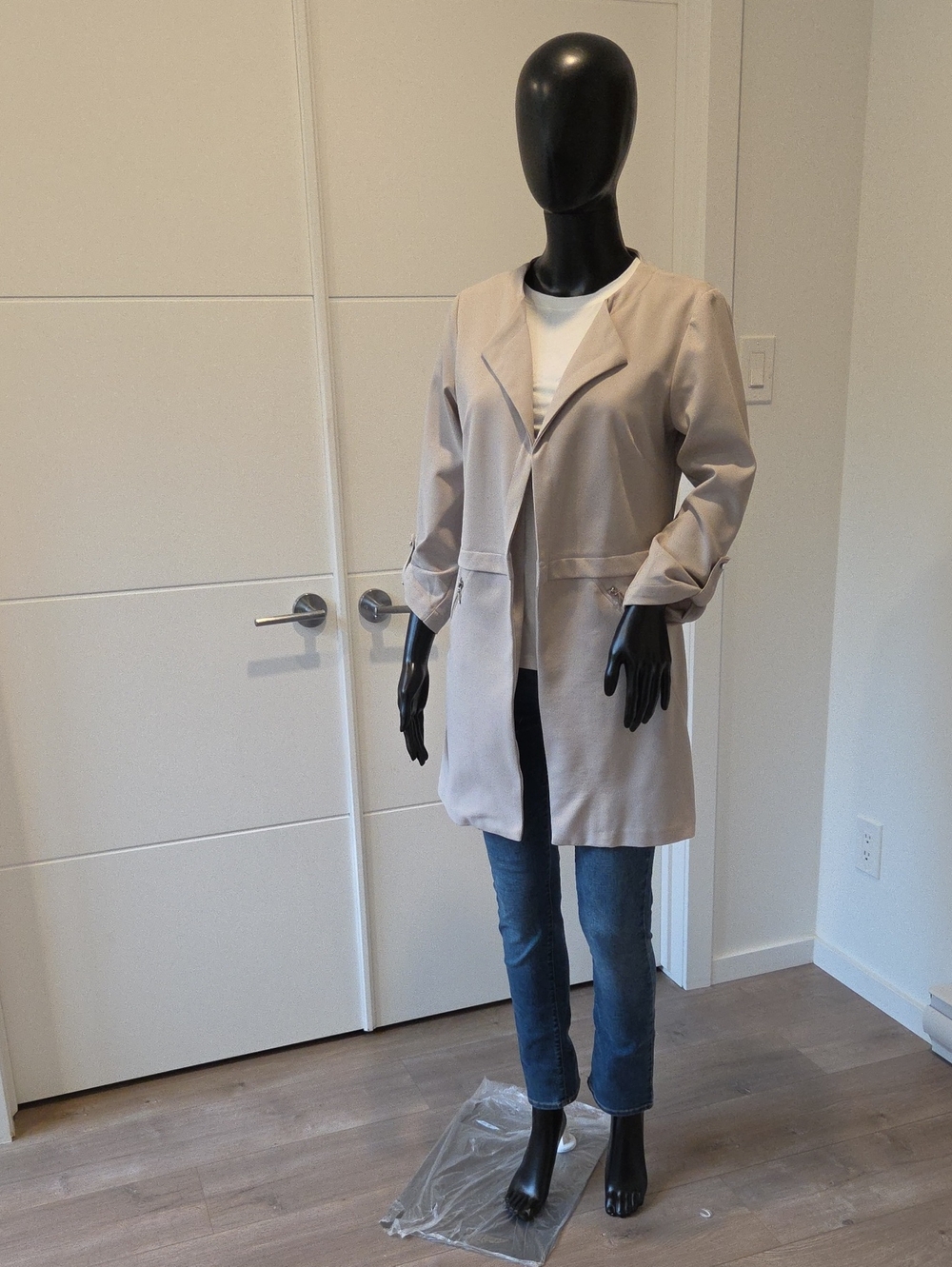 Women's Light Beige Open Front Longline Jacket